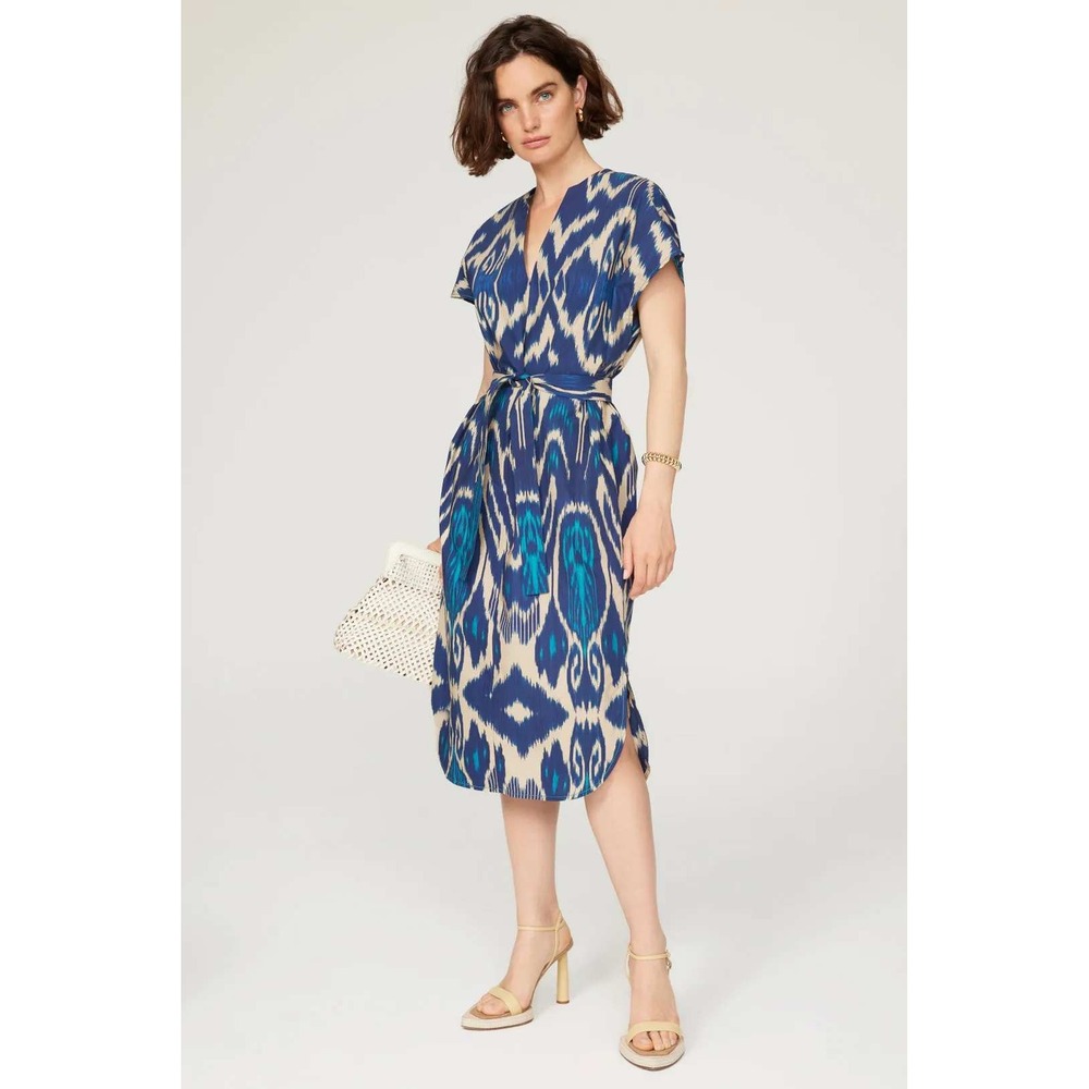 Vanessa Bruno Blue Ikat Print Cotton Midi Dress V-Neck Belted Size 36 US 4